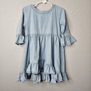 RuffleButts Top Toddler Girl 4T Blue Denim‎ Chambray Ruffle Hi Low Bell Sleeve